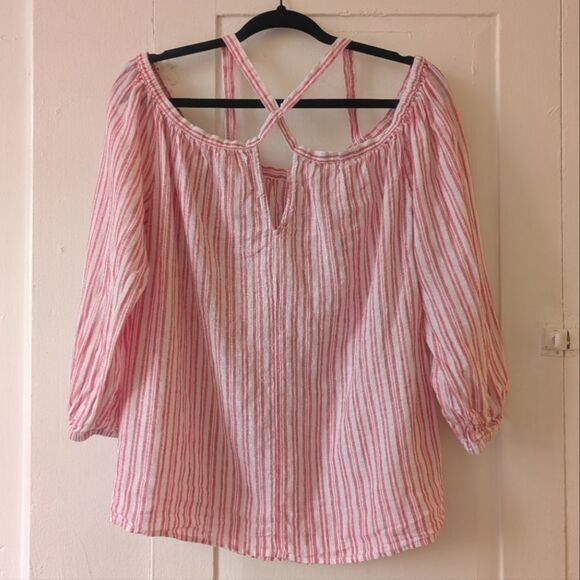 Gap Cold-Shoulder Stripe Linen Top Blouse Red White Nautical Size Medium - Picture 4 of 7